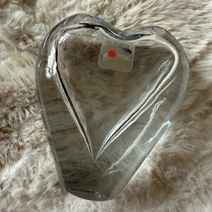 Vintage Blenko Clear Art Glass Heart Bud Vase Original Sticker 4.75" tall  4" w